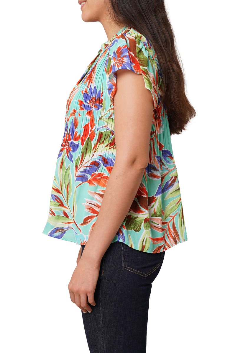 SUNNY LEIGH Pleated Tie Neck Short Sleeve Top, Alternate, color, Tropical Daydream