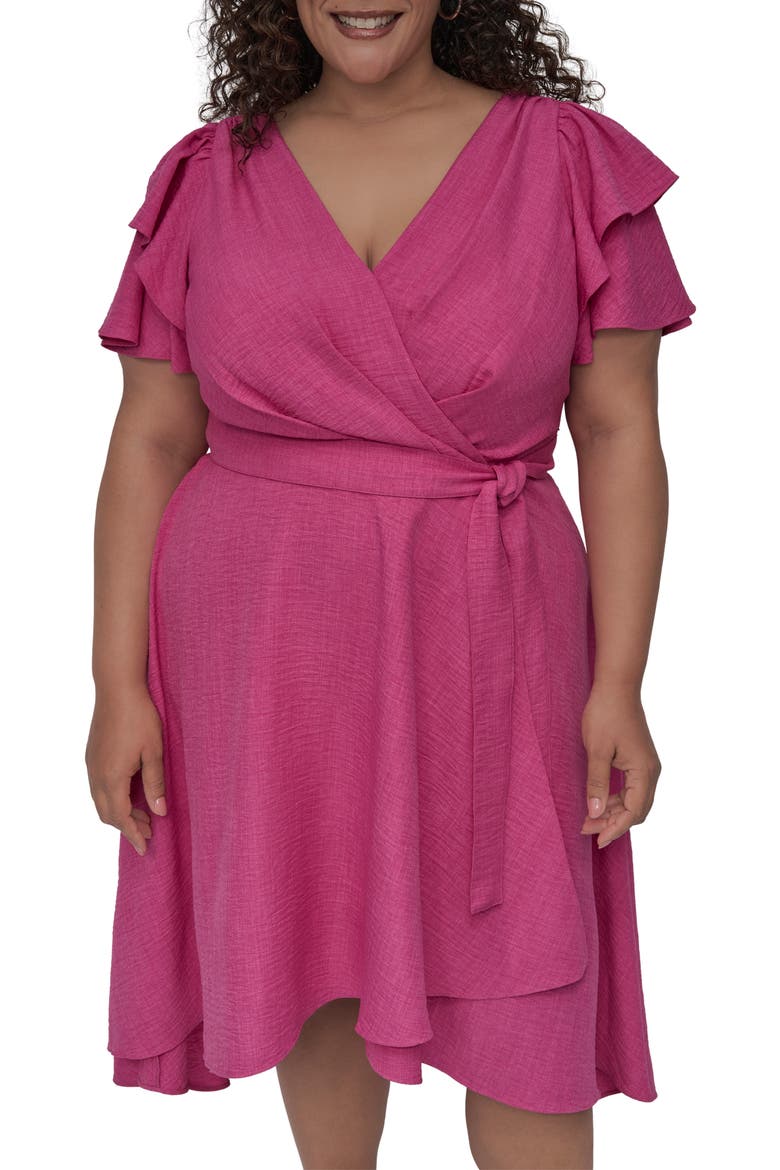 Flutter Sleeve Faux Wrap Midi Dress, Alternate, color, VIVID PINK
