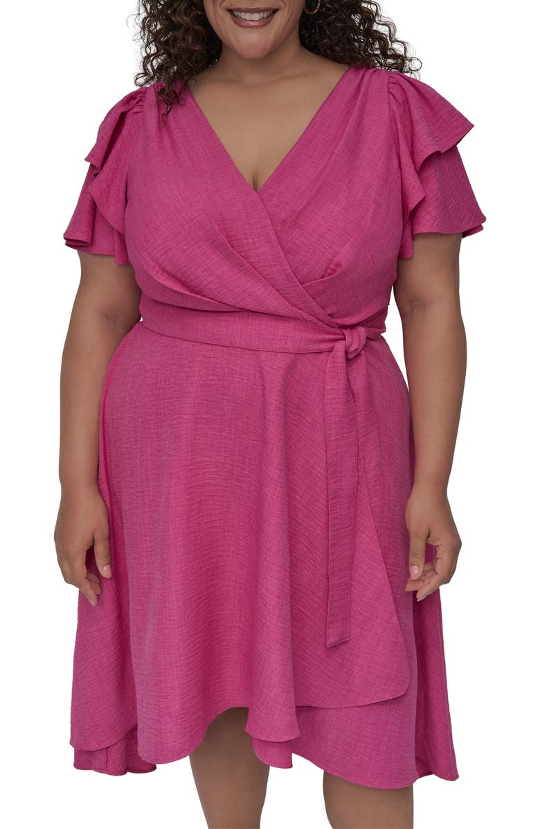 DKNY Flutter Sleeve Faux Wrap Midi Dress, Alternate, color, Vivid Pink