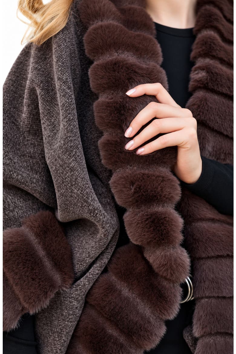 Faux Fur Trim Cape, Alternate, color, DARK BROWN