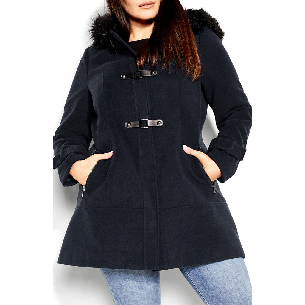 City Chic Wonderwall Coat With Faux Fur Collar In Black