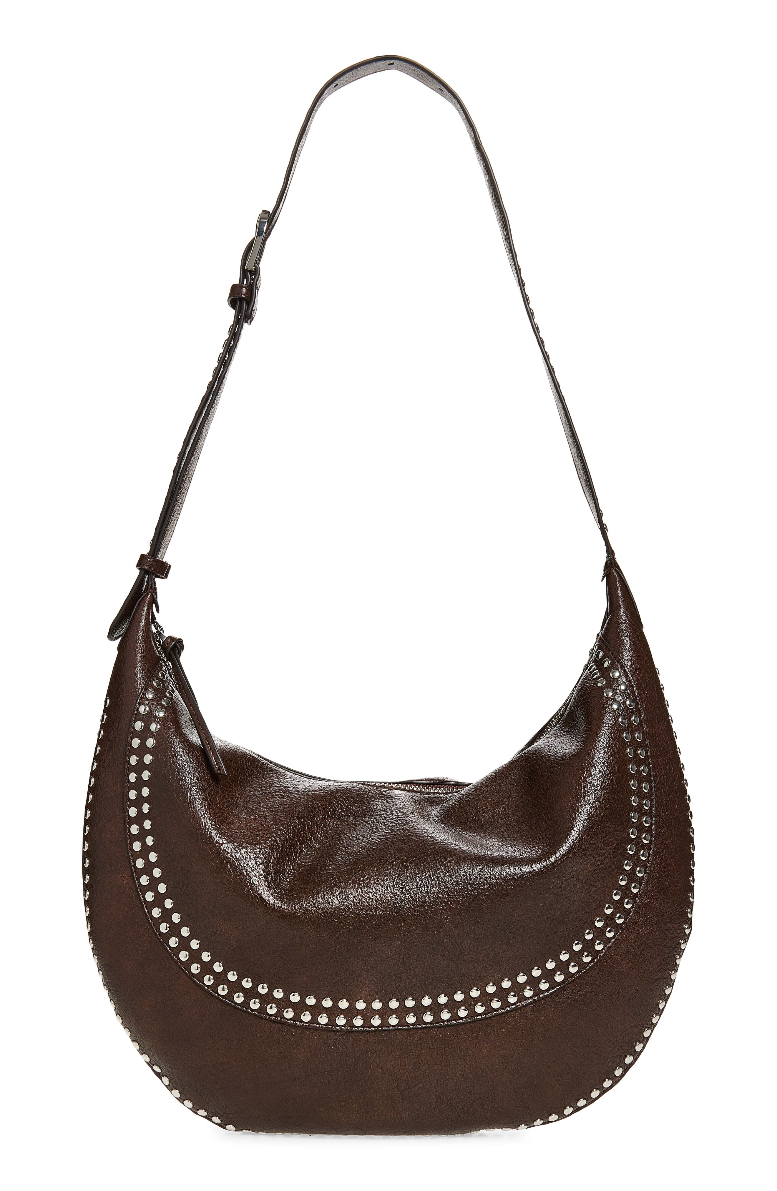 Studded Faux Leather Shoulder Bag, Main, color, CHOCOLATE
