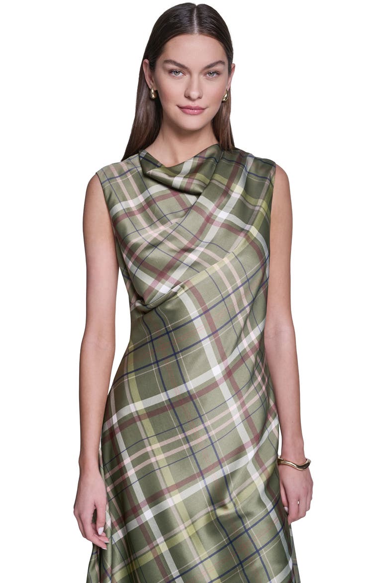 Plaid Cowl Neck Asymmetrical Midi Dress, Alternate, color, OLIVE PLAID