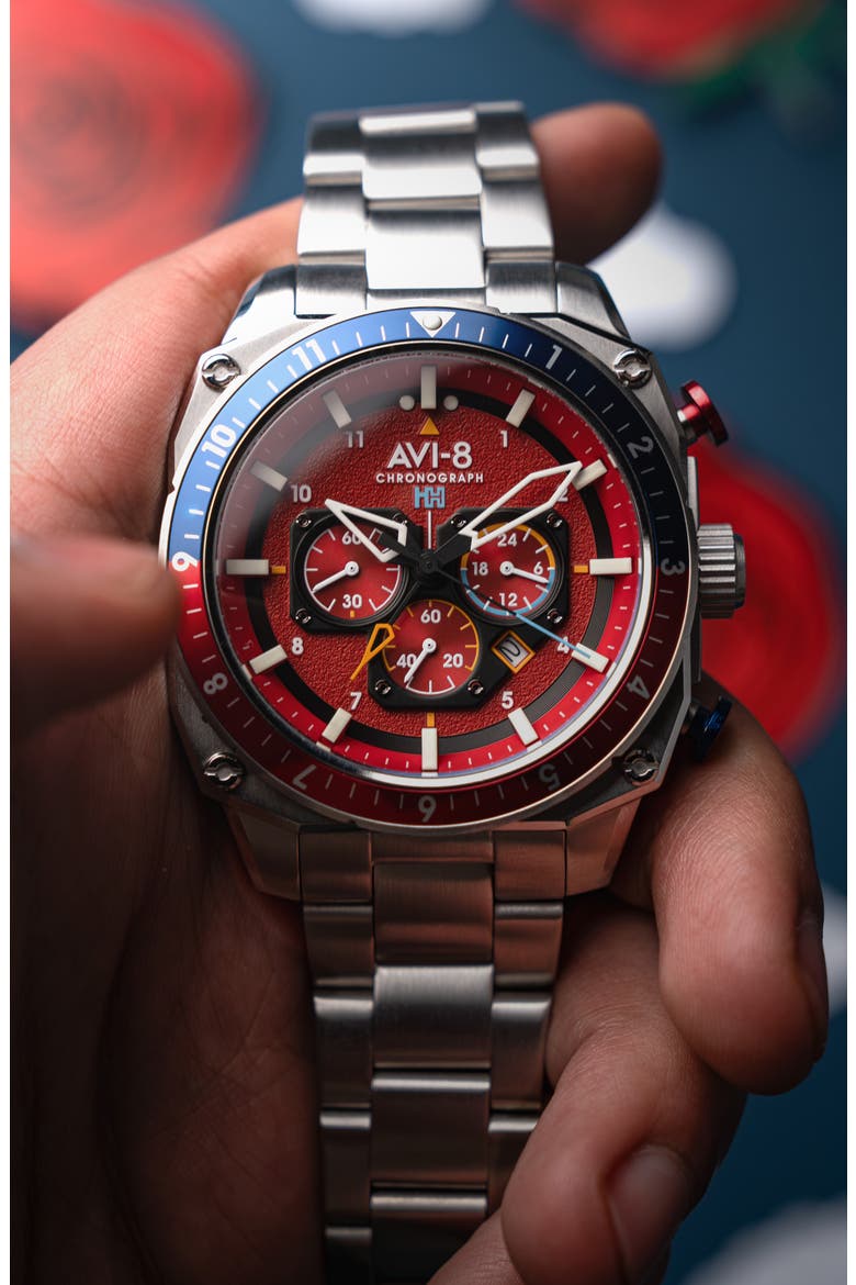 Hawker Hunter Atlas Dual Time Chronograph Bracelet Watch, 44, Alternate, color, RED