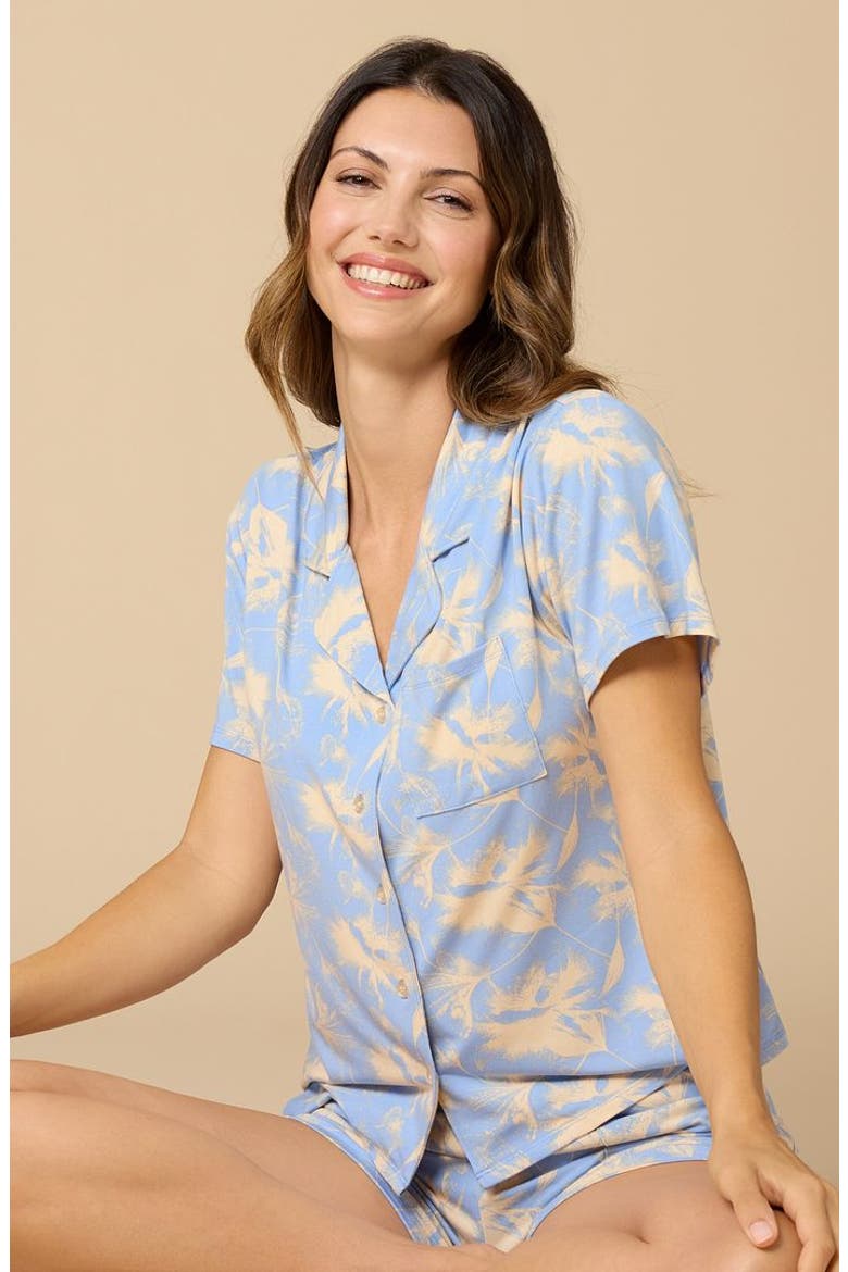 Soft Sleep Caftan Top and Short Pajama Set, Alternate, color, Sky Blue Floral