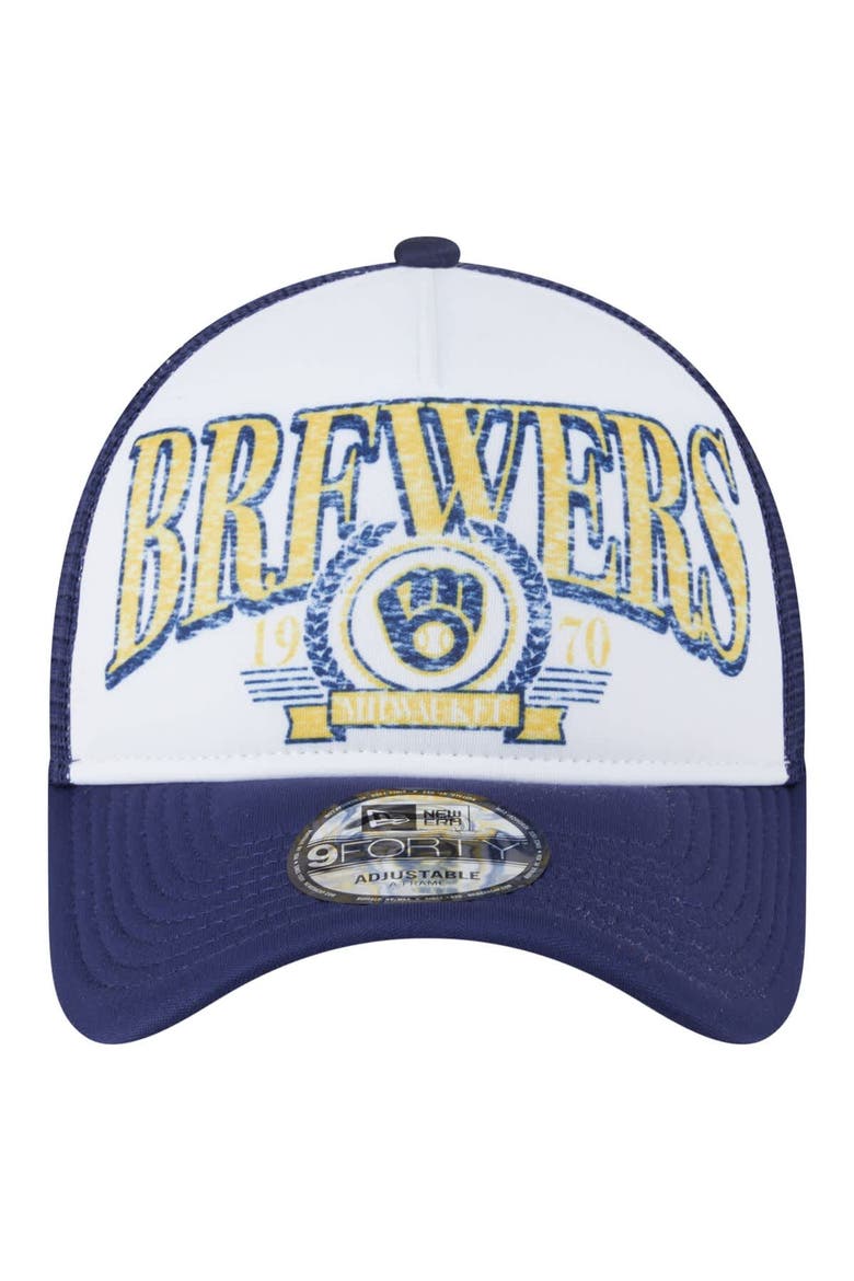 Men's New Era  White Milwaukee Brewers Distressed 9FORTY A-Frame Adjustable Trucker Hat, Alternate, color, White