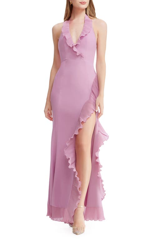 DRESS THE POPULATION DRESS THE POPULATION KATHLEEN RUFFLE HALTER GOWN WITH TRAIN
