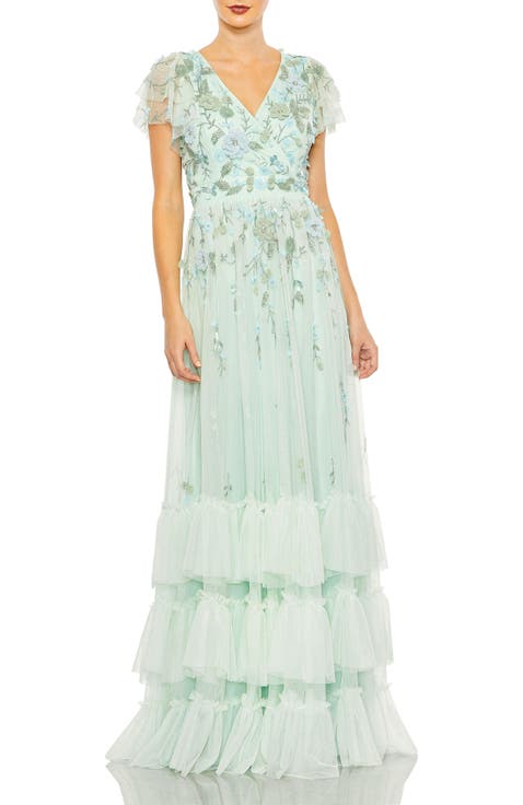 Ruffle Tiered Embellished Faux Wrap Flutter Sleeve Gown