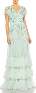Mac Duggal Ruffle Tiered Embellished Faux Wrap Flutter Sleeve Gown