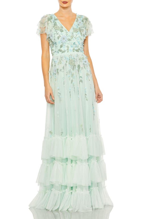 Mac Duggal Ruffle Tiered Embellished Faux Wrap Flutter Sleeve Gown in Seafoam at Nordstrom, Size 18