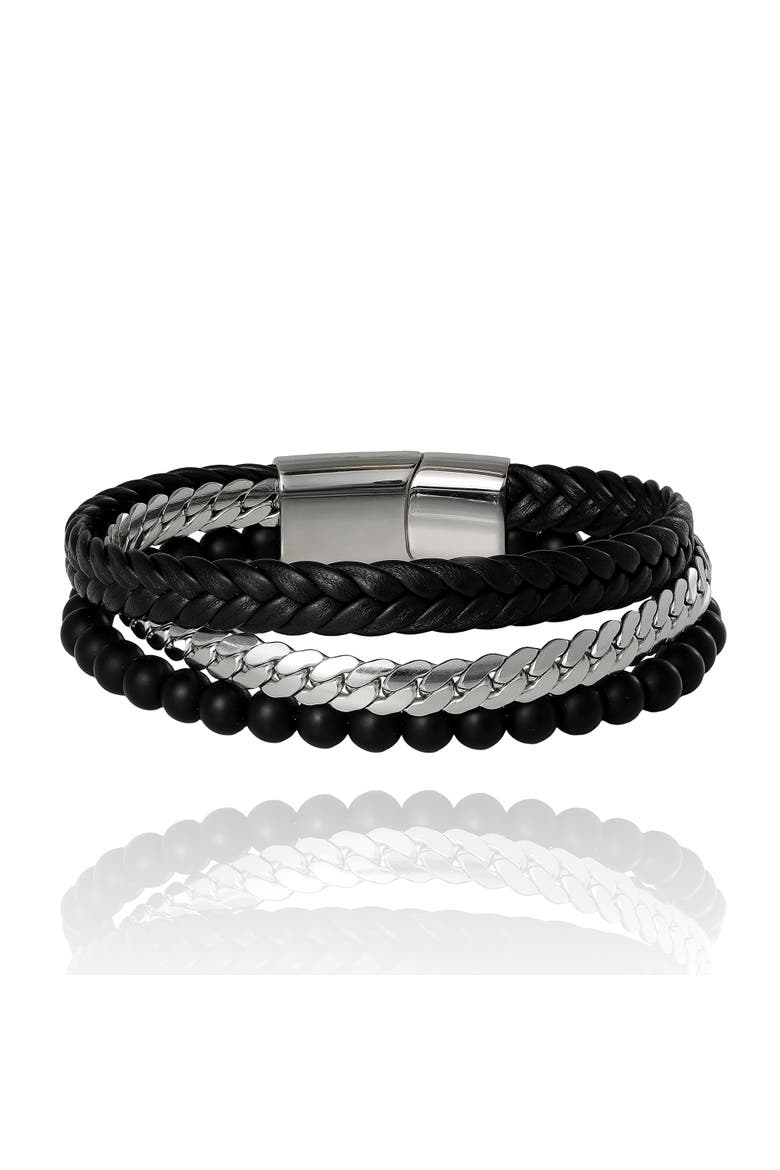 Men's 3-Row Chain & Bead Bracelet, Black, Magnetic Clasp - 8.5'', Main, color, Black