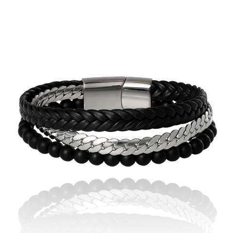 Men's 3-Row Chain & Bead Bracelet, Black, Magnetic Clasp - 8.5''