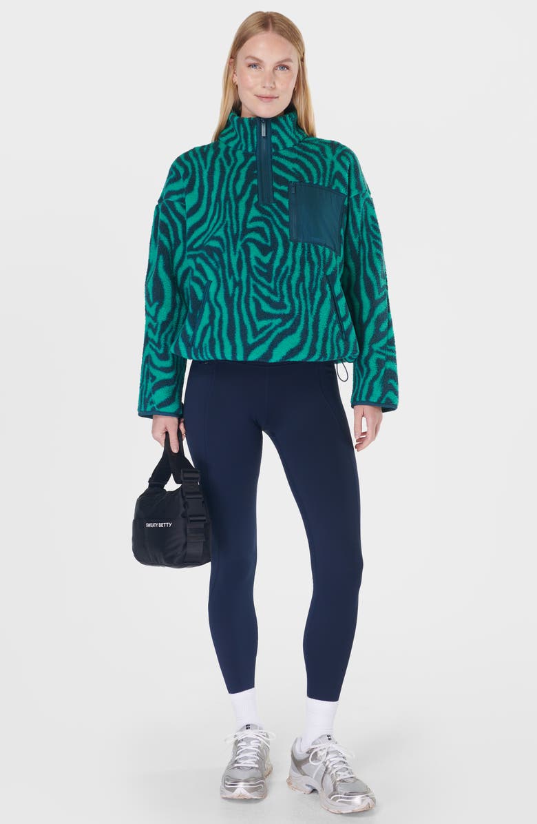 Sweaty Betty Karma Zebra Print Quarter Zip Fleece Pullover, Alternate, color, Green Abstract Zebra Print