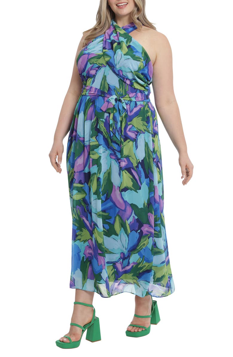 London Times Halter Neck Maxi Dress, Alternate, color, Aqua/ Royal