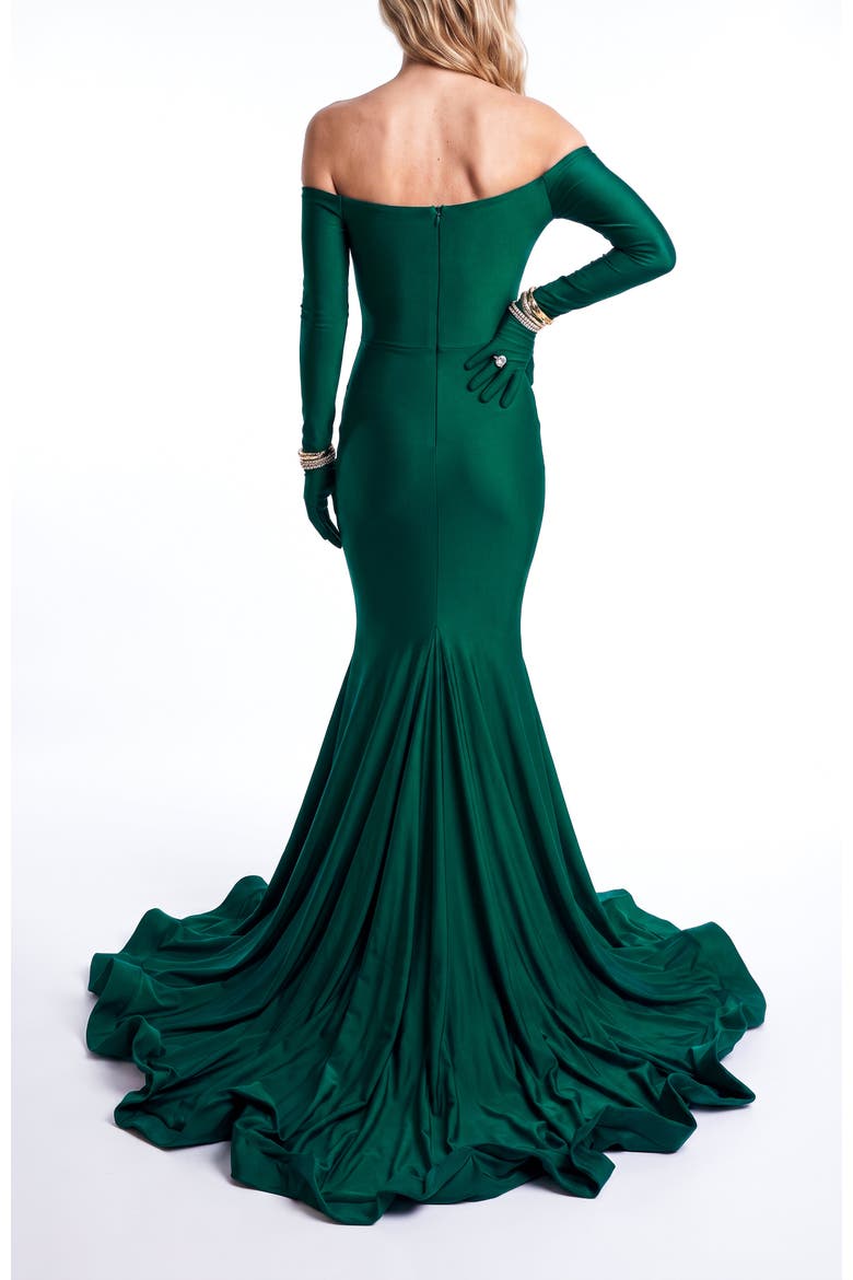 Off-the-Shoulder Draped Long Sleeve Mermaid Evening Gown, Alternate, color, Forest Green