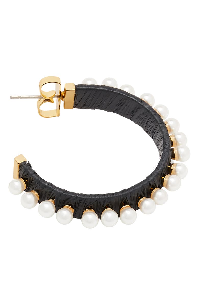 Kate Spade New York imitation pearl raffia hoop earrings, Alternate, color,