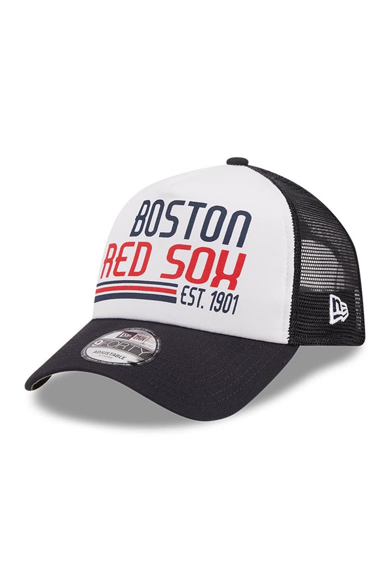 Men's New Era White/Navy Boston Red Sox Stacked A-Frame Trucker 9FORTY Adjustable Hat, Main, color, White