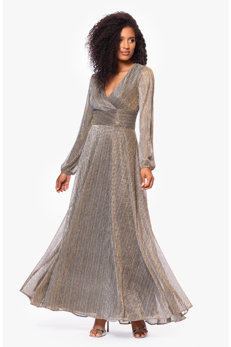Metallic Wrap Bodice Long Sleeve Gown, Alternate, color, MOCHA/GOLD