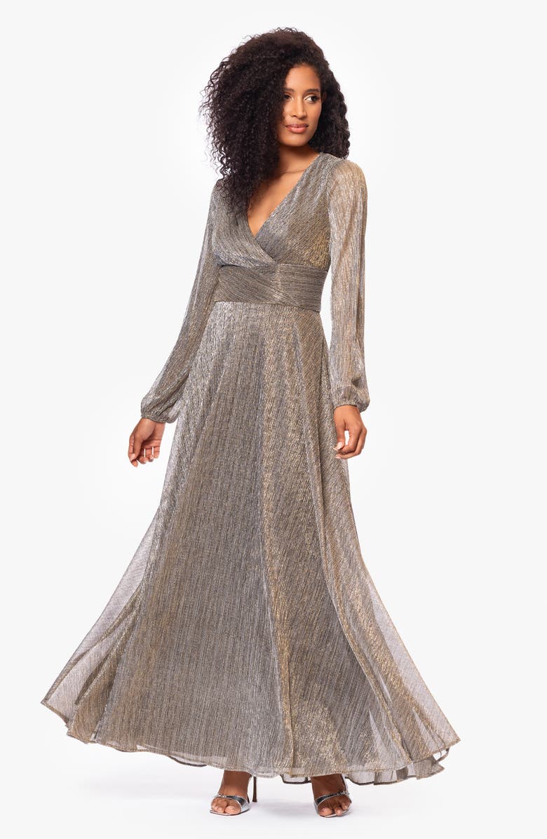 Betsy & Adam Metallic Wrap Bodice Long Sleeve Gown, Alternate, color, Mocha/Gold