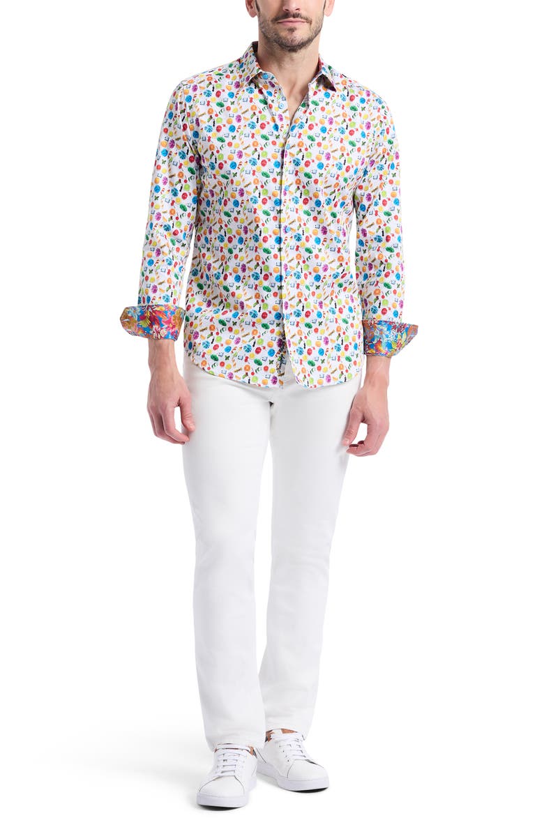 Robert Graham Garnish Print Stretch Cotton Button-Up Shirt, Alternate, color, White Multi