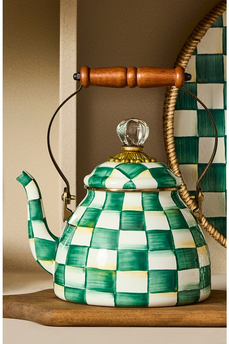 Emerald Check Enameled Steel 2-Quart Tea Kettle, Alternate, color, EMERALD