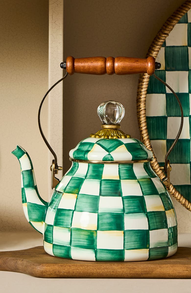 MACKENZIE CHILDS Emerald Check Enameled Steel 2-Quart Tea Kettle, Alternate, color, Emerald