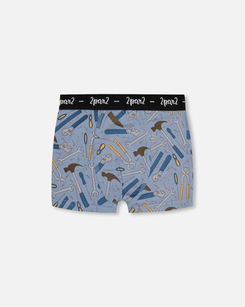Boy's Printed Organic Cotton Boxer Shorts Tools On Bluish Gray Background