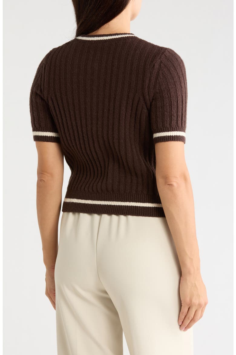 Tipped Ribbed Short Sleeve Cardigan, Alternate, color, RICH MOCHA / IVORY