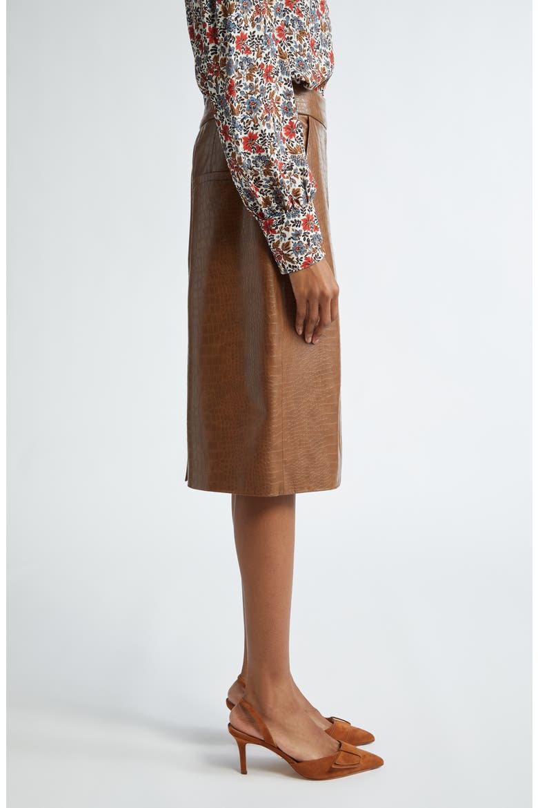 Ascher Croc Embossed Faux Leather Skirt, Alternate, color, DARK CAMEL