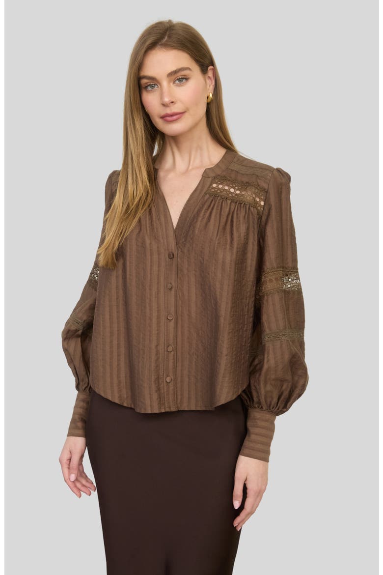 Lace Detail Button Front Stripe Top, Alternate, color, BROWN