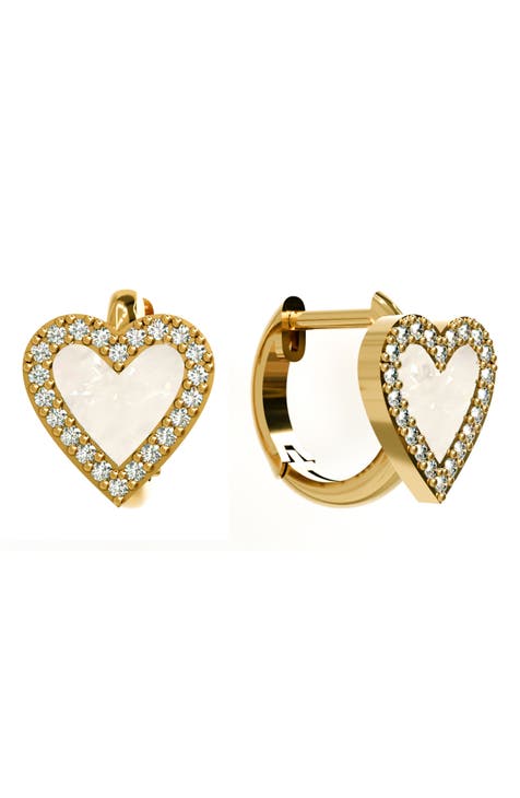 CZ Halo Mother of Pearl Heart Stud Earrings