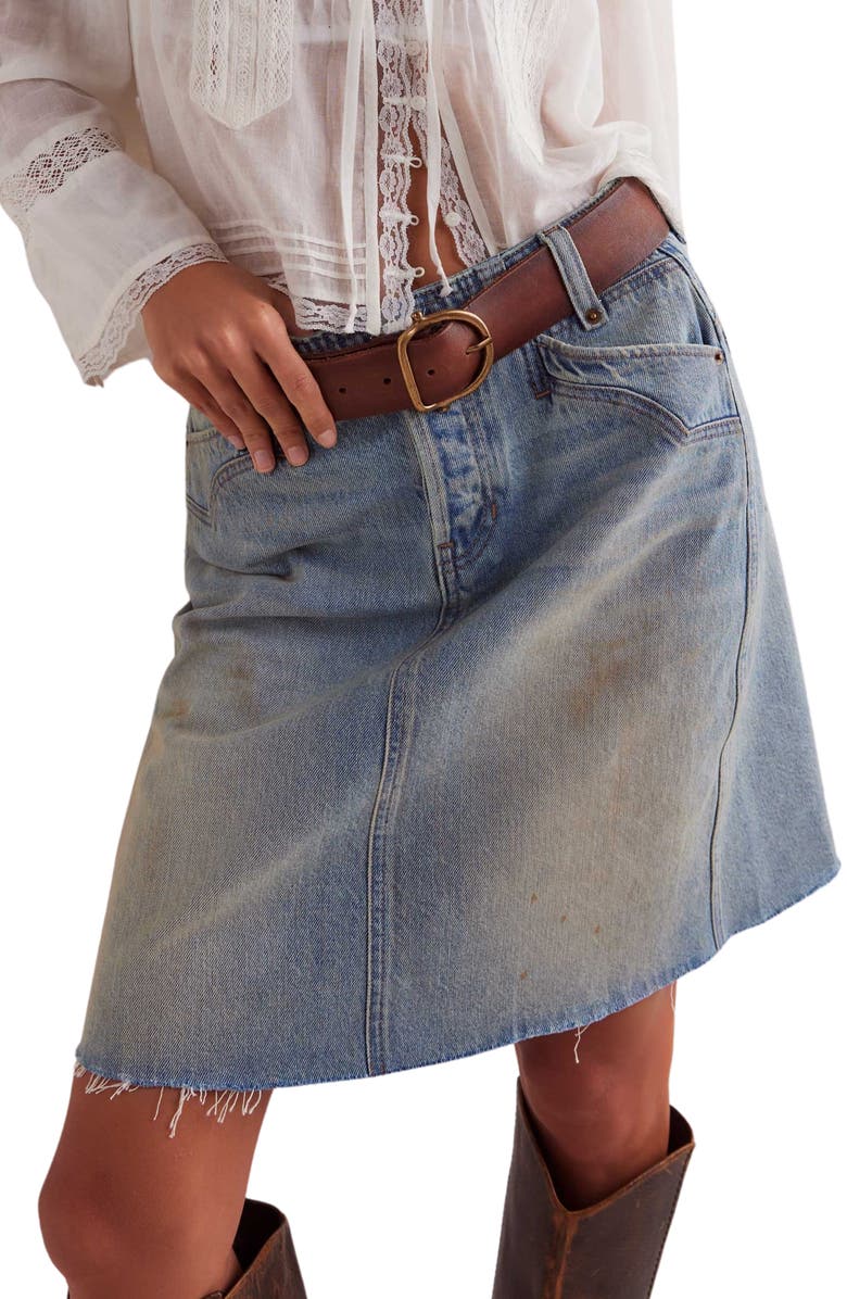 Free People Suzy Raw Hem Denim Midi Skirt, Main, color, Sun Stoned Blue