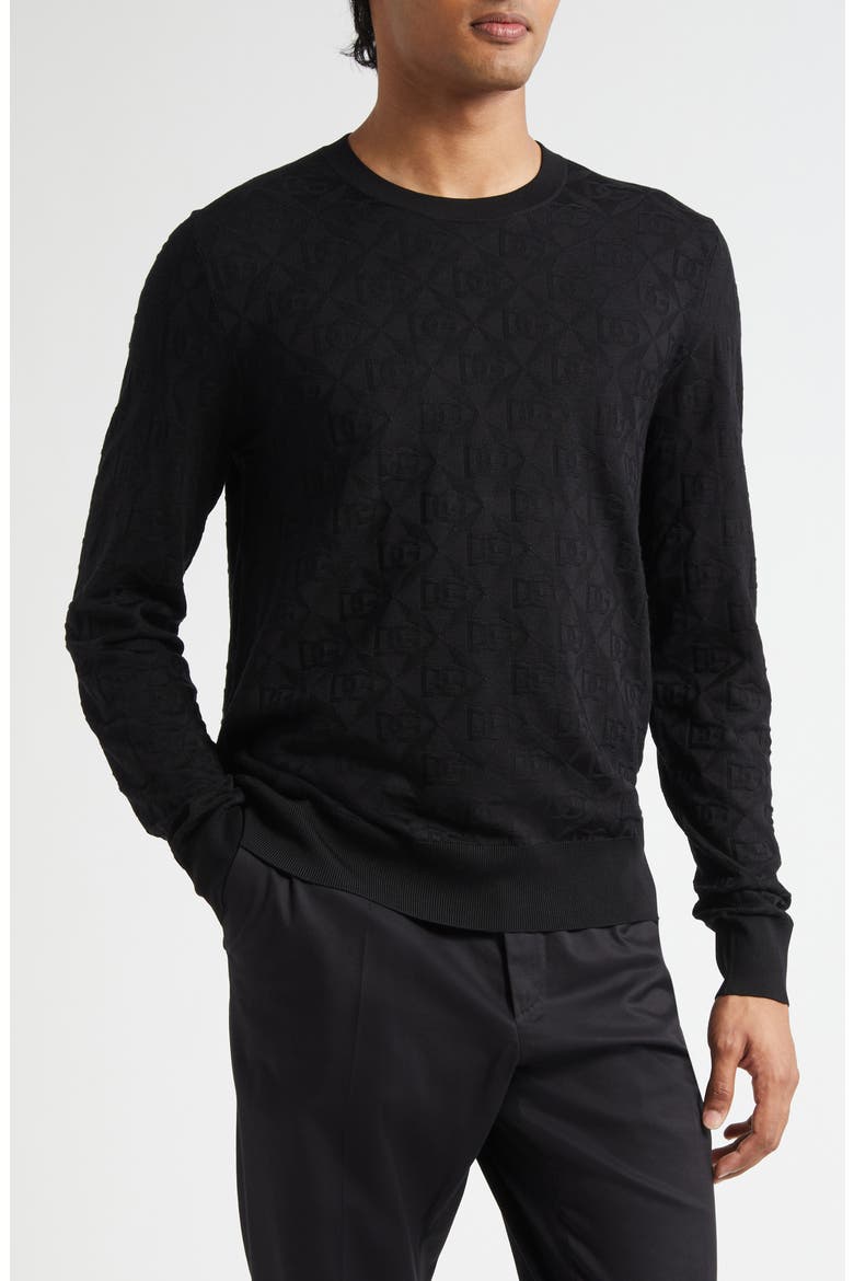Logo Jacquard Silk Crewneck Sweater, Main, color, NERO