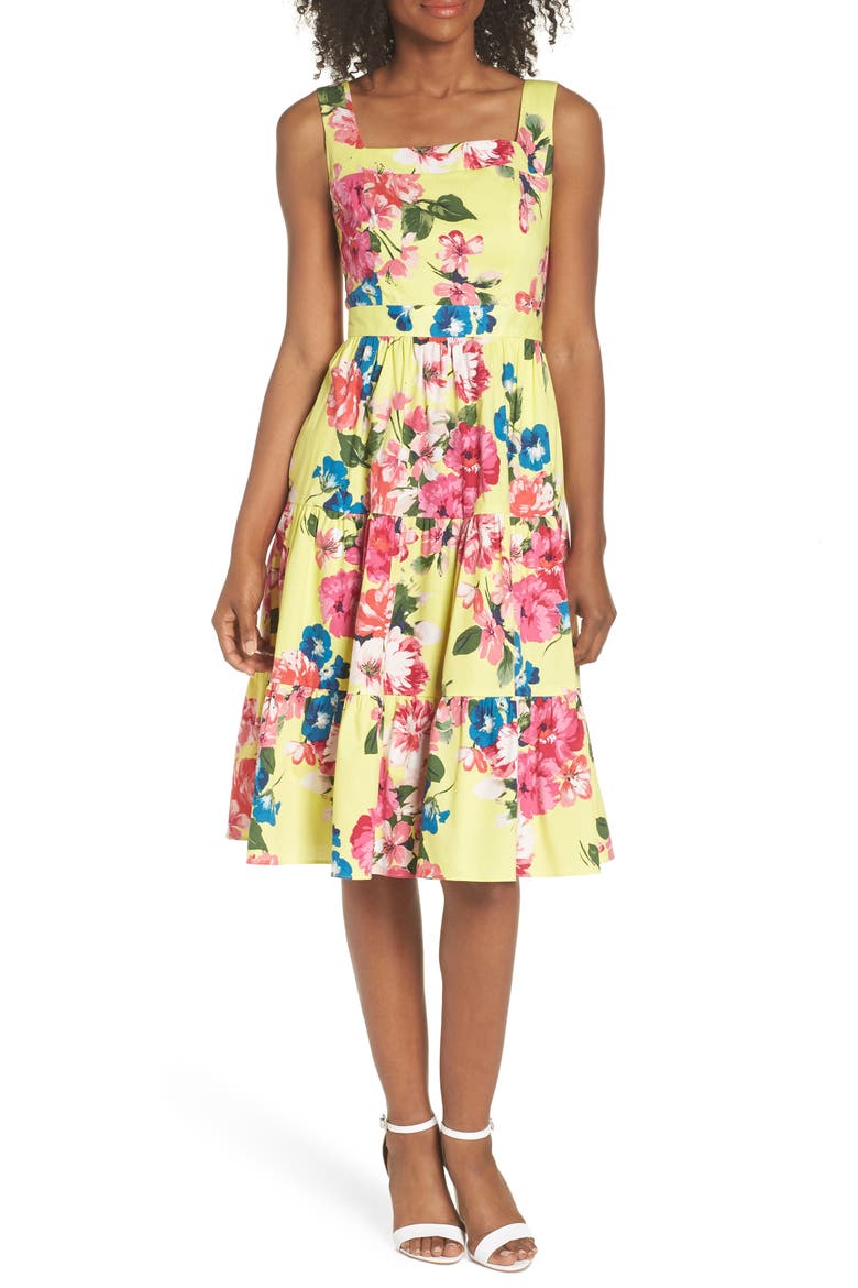 Square Neck Floral Tiered Fit & Flare Midi Dress, Main, color, YELLOW/ PINK