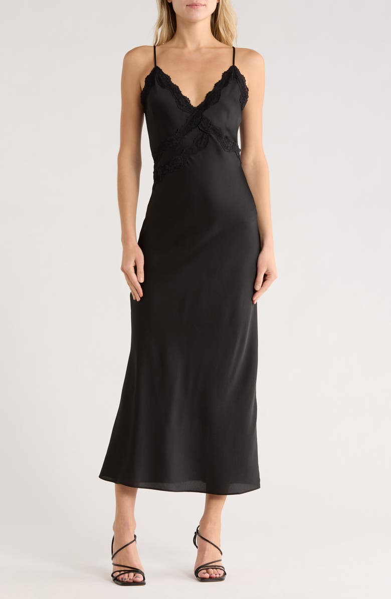 Leith Lace Trim Satin Maxi Dress, Main, color, Black