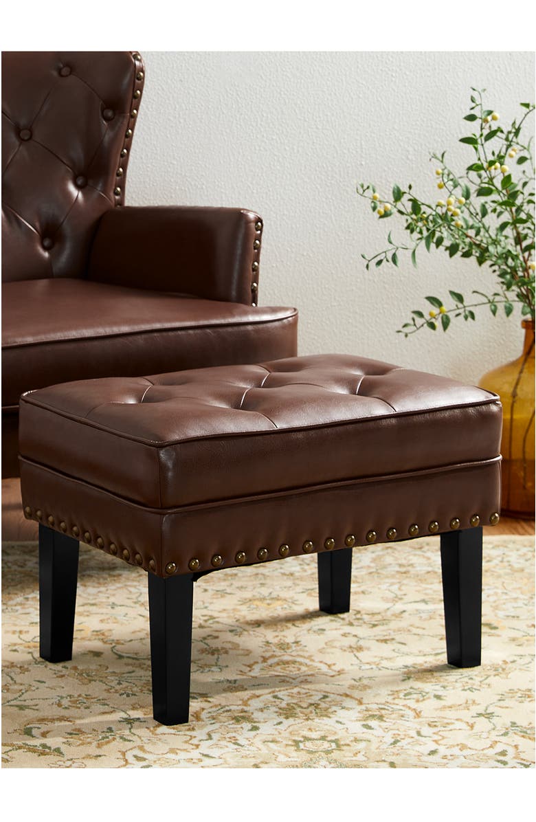 Glitzhome Mid-century Modern Faux Leather Button-tufted Accent Stool, Alternate, color, Coffee