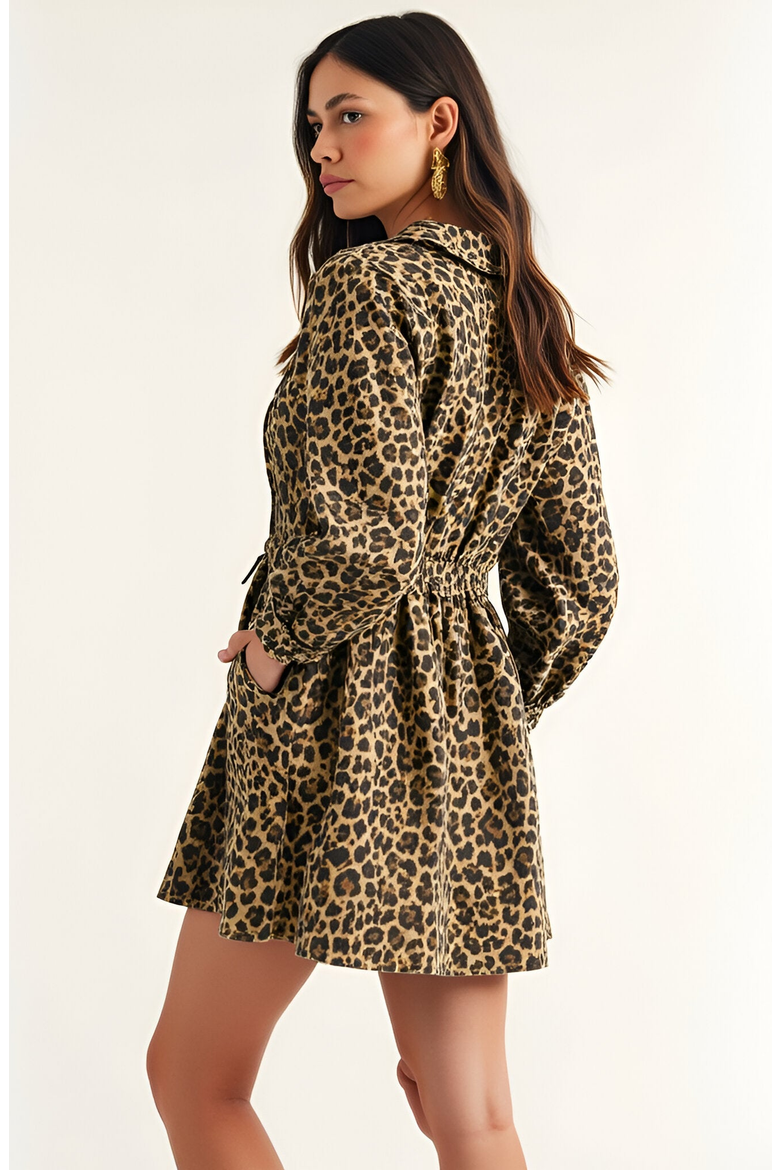 Leopard Print Long Sleeve Mini Dress with Oversized Collar, Alternate, color, Leopard Print