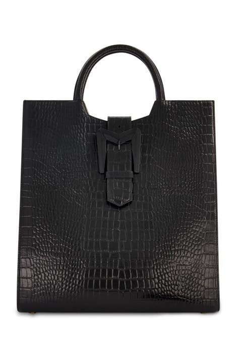 Crocodile Leather Buckle Detail Maxi Tote Bag