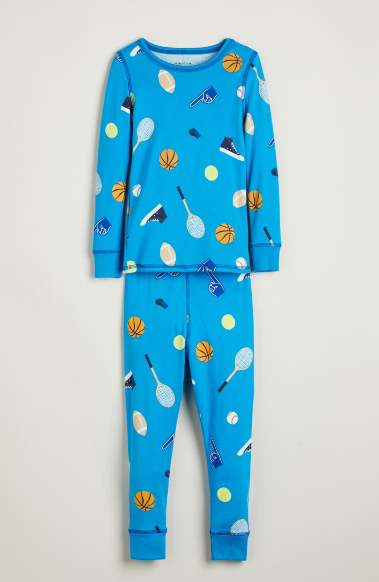 Nordstrom Kids' Glow in the Dark Fitted Two-Piece Pajamas, Main, color, Blue Sports Classic