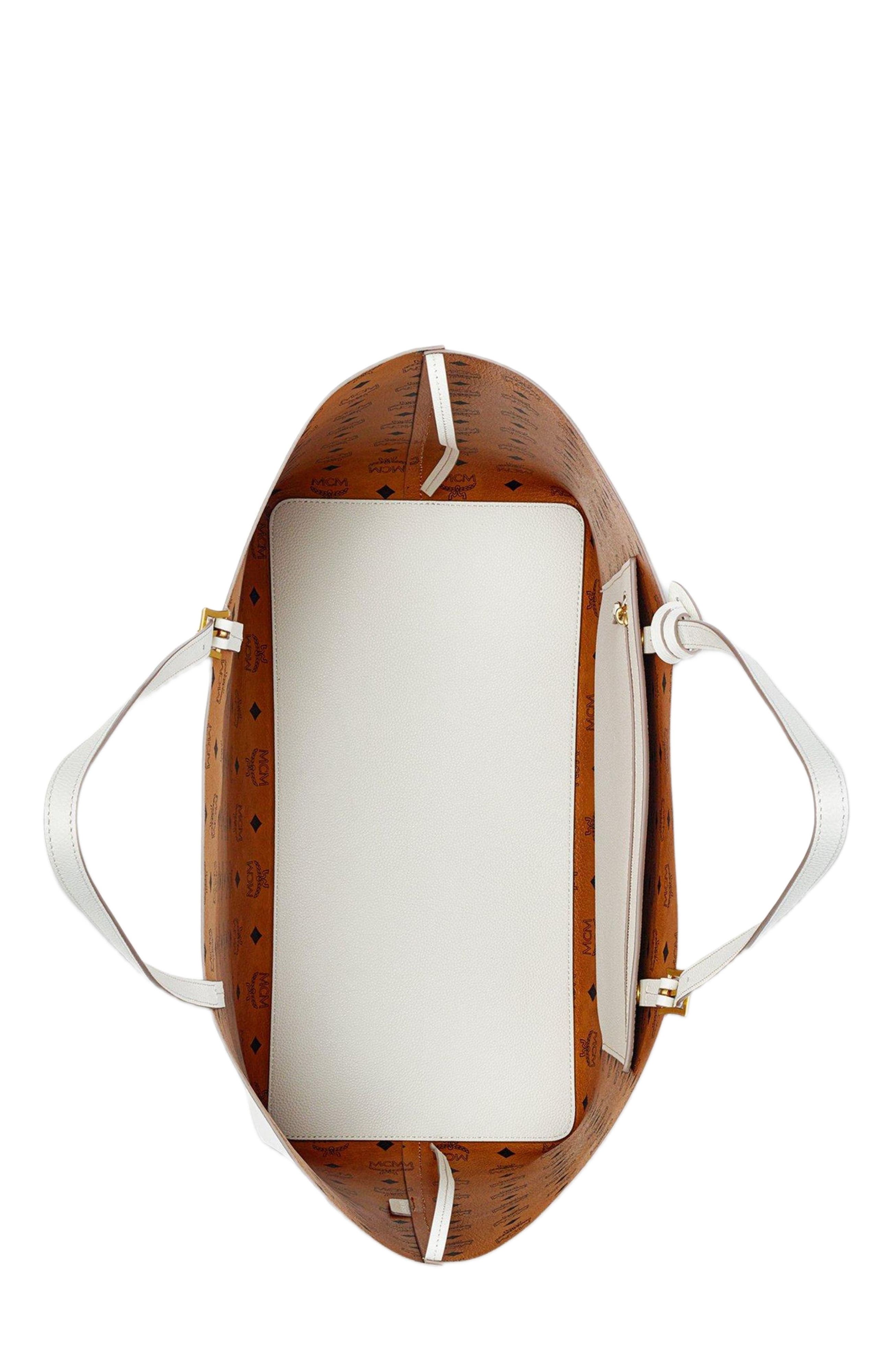 MCM Himmel Shopper in Embossed Logo Leather, Alternate, color, Egret