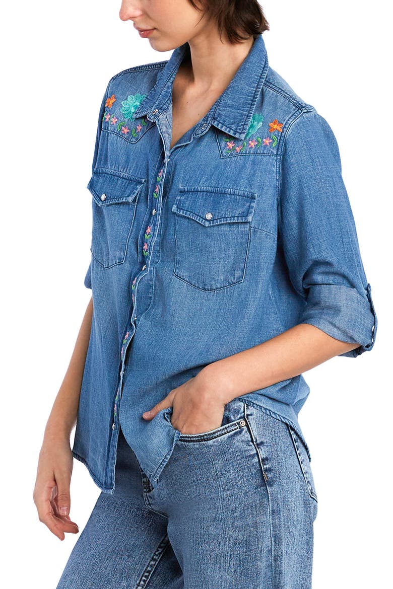 Two Step Floral Embroidered Denim Snap-Up Shirt, Alternate, color, DENIM