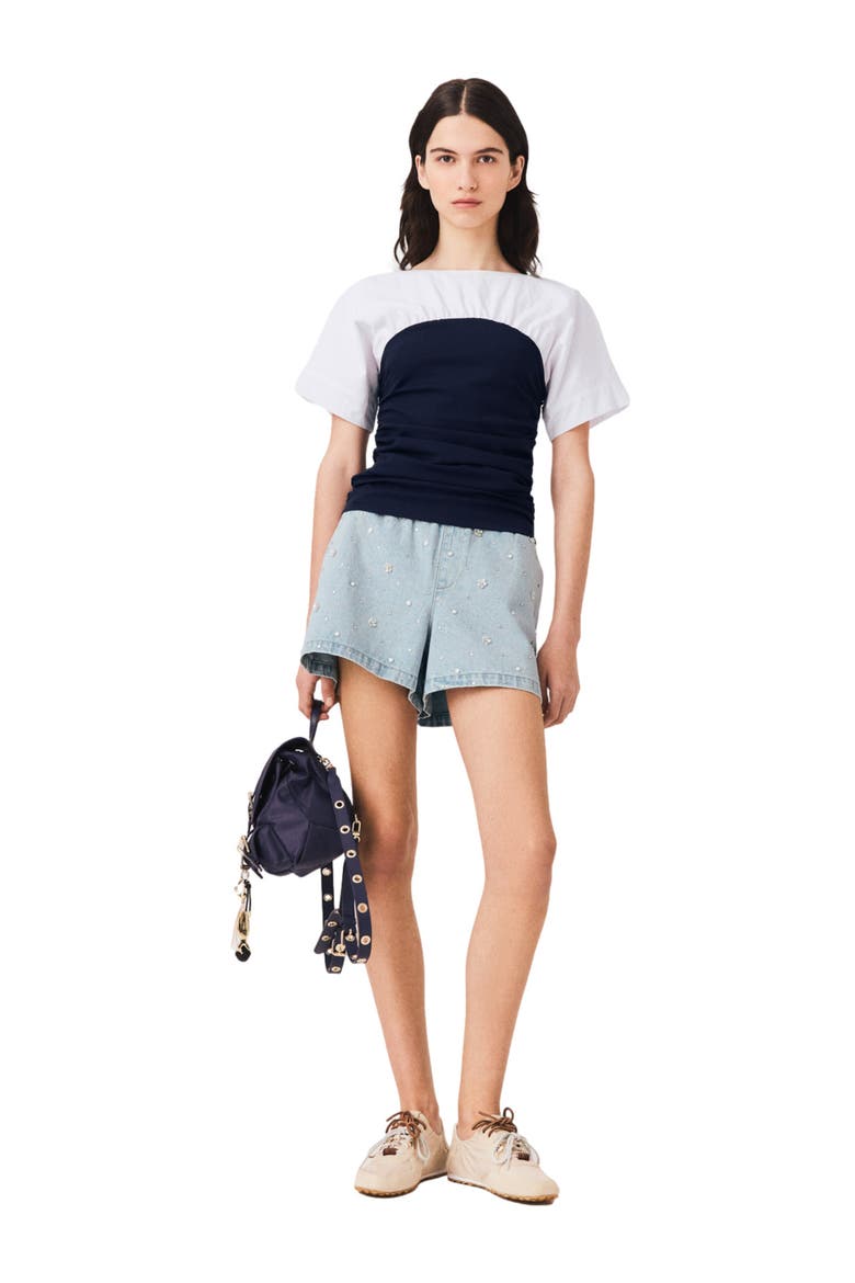 Pleated jersey top, Main, color, White/navy