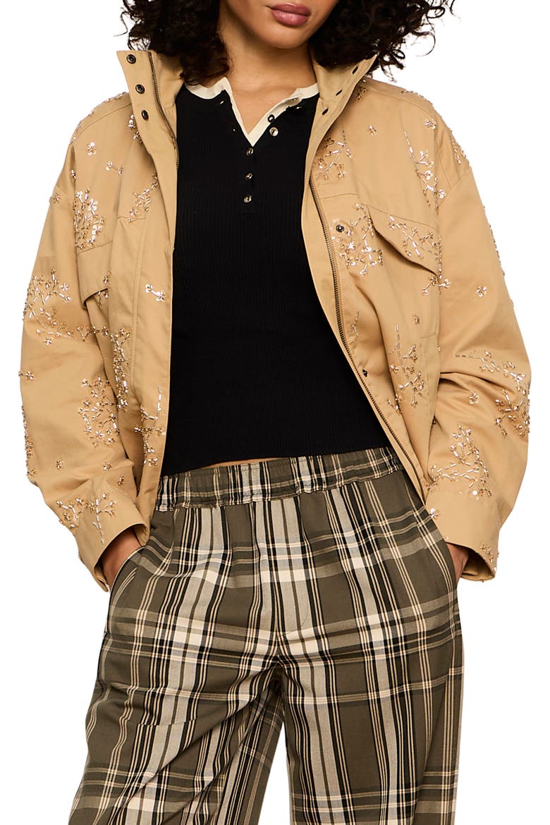 Limelight Bead Detail Cotton Surplus Jacket, Main, color, SPARKLE MOTION BEIGE