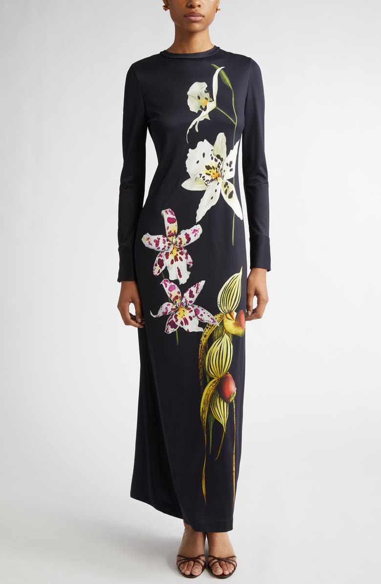 Oscar de la Renta Orchid Print Long Sleeve Jersey Dress, Main, color, 