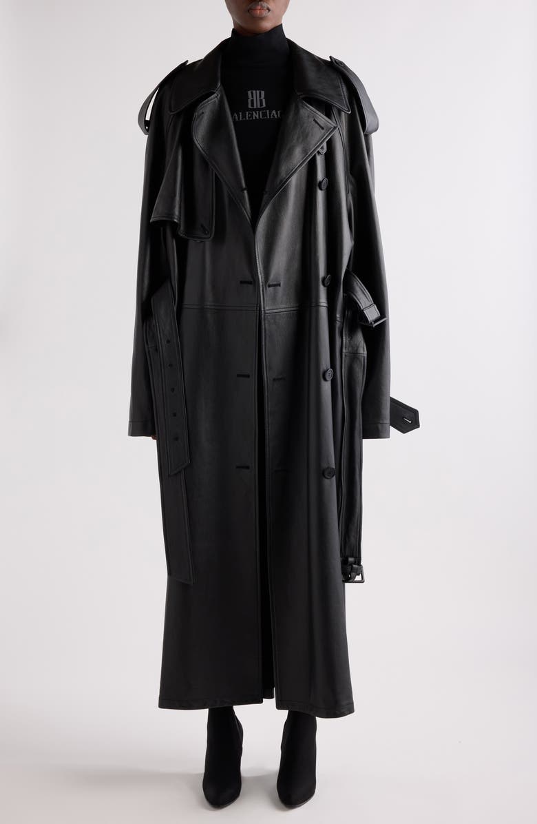 Balenciaga Double Belted Leather Trench Coat, Main, color,