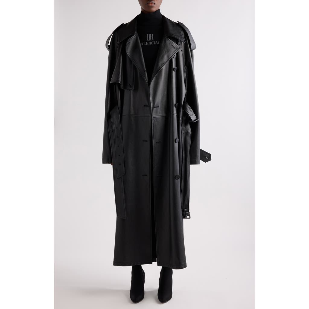 Balenciaga Double Belted Leather Trench Coat In Black