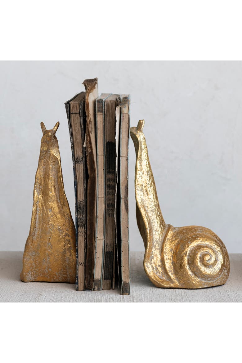 Decorative Distressed Cast Metal Snail Bookends, Gold, Alternate, color, Gold