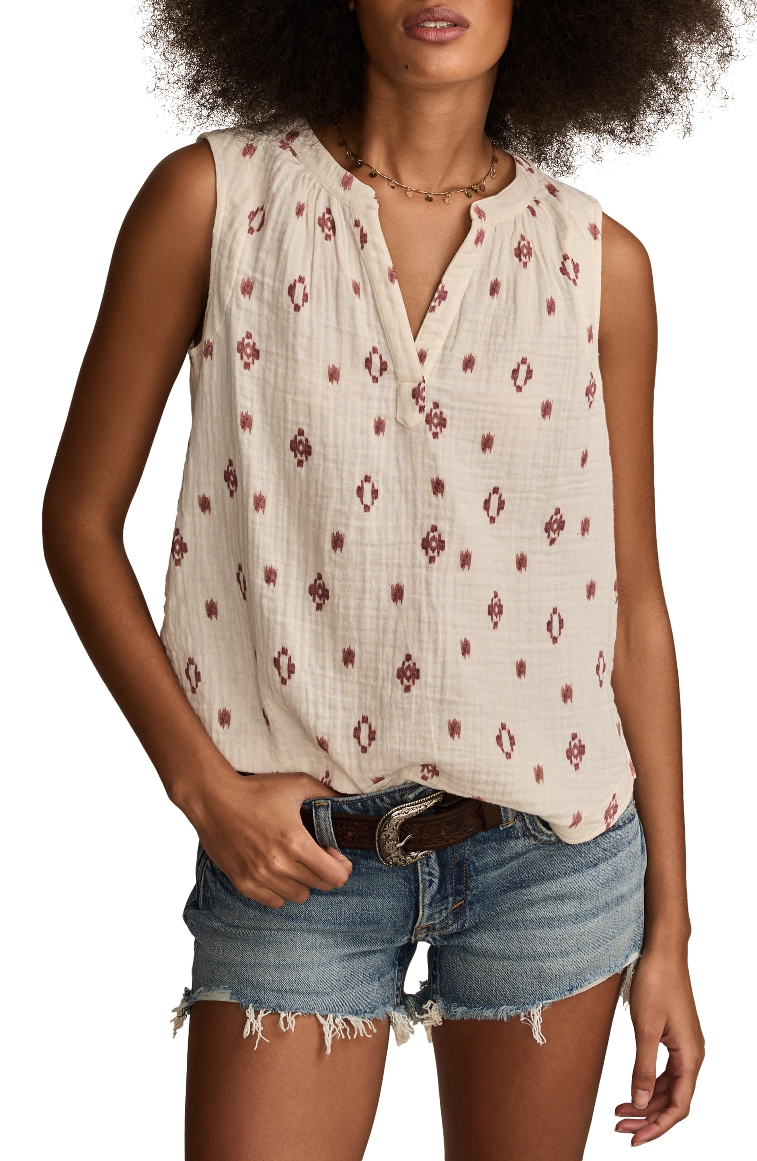 Lucky Brand Ikat Print Sleeveless Cotton Gauze Top