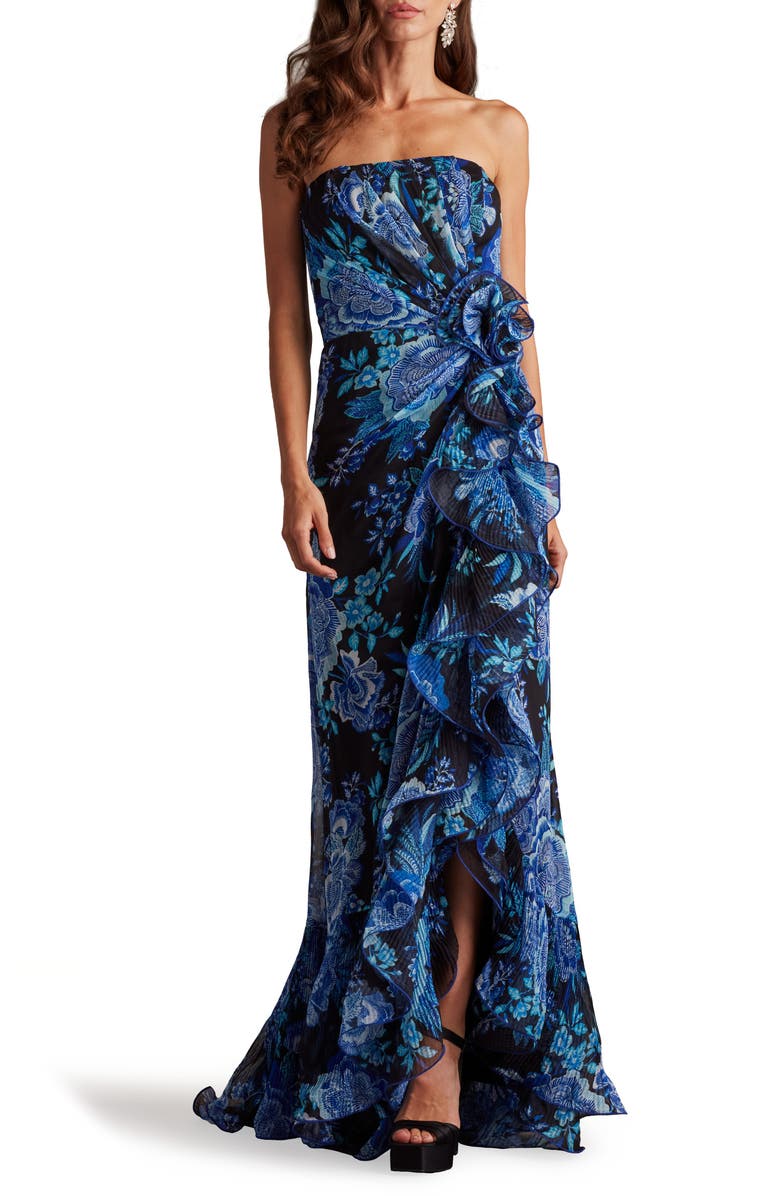 Tadashi Shoji Side Ruffle Strapless Gown, Main, color, Black/ Blue Floral
