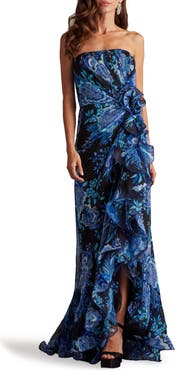 Tadashi Shoji Side Ruffle Strapless Gown